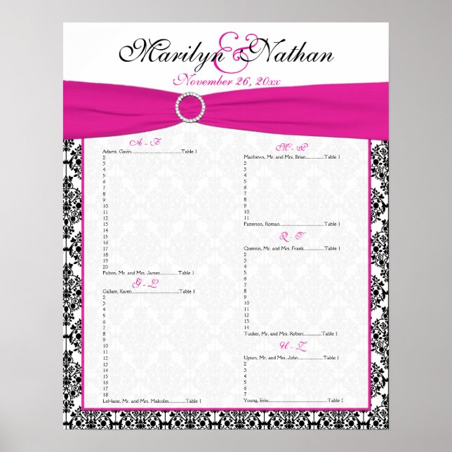 Pink, White, and Black Reception Seating Chart (Front)
