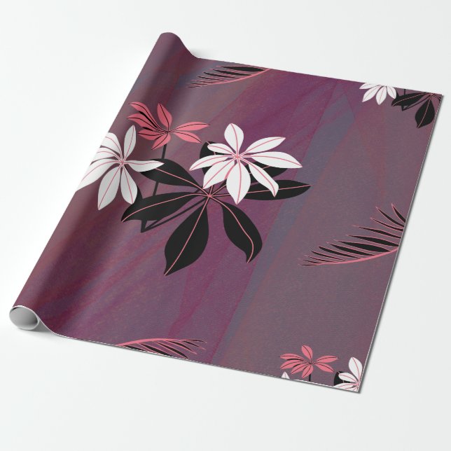 Pink White and Black tropical floral Wrapping Paper (Unrolled)
