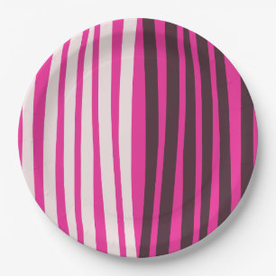 Pink white and black vertical stripes paper plates