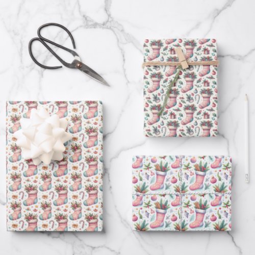 Pink White and Blue Christmas Stocking Wrapping Paper Sheets