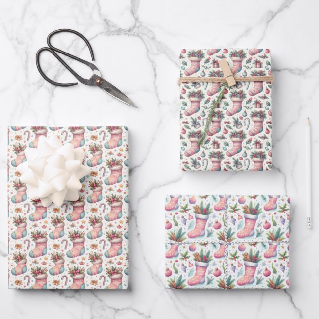 Pink White and Blue Christmas Stocking Wrapping Paper Sheets (Front)