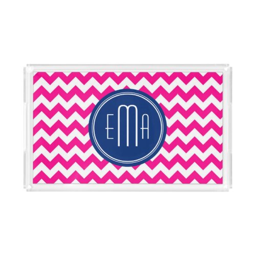 Pink White And Blue Monogram Chevron Pattern Acrylic Tray