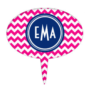 Pink White And Blue Monogram Chevron Pattern Cake Topper
