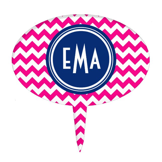 Pink White And Blue Monogram Chevron Pattern Cake Topper (Front)