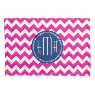 Pink White And Blue Monogram Chevron Pattern Pillowcase