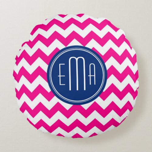 Pink White And Blue Monogram Chevron Pattern Round Pillow