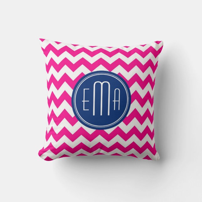 Pink White And Blue Monogram Chevron Pattern Throw Pillow (Front)