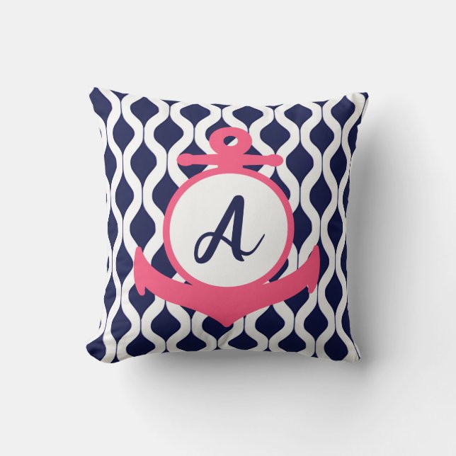 Pink, White, and Blue Nautical Anchor with Initial Throw Pillow (Front)