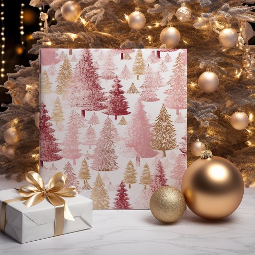 Pink White and Gold Brush Christmas Tree Pattern Wrapping Paper