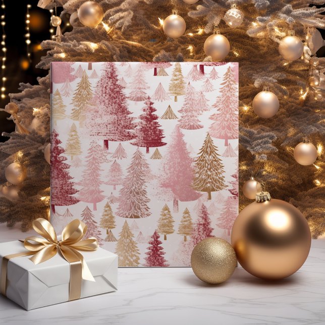 Pink White and Gold Brush Christmas Tree Pattern Wrapping Paper (Creator Uploaded)
