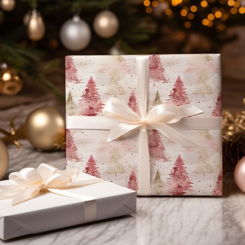 Pink White and Gold Brush Christmas Tree Pattern Wrapping Paper