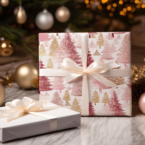 Pink White and Gold Brush Christmas Tree Pattern Wrapping Paper Sheets