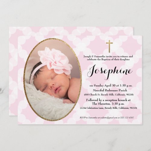 Pink White and Gold Cross Baby Girl Baptism Invitation