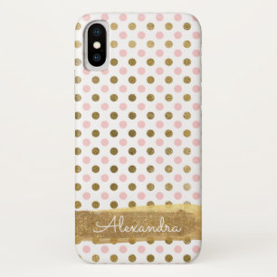 Pink, White and Gold Foil Polka Dot Name iPhone X Case