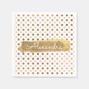 Pink, White and Gold Foil Polka Dot Name Napkins
