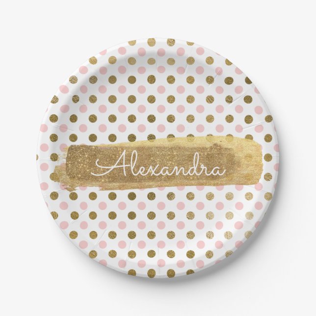 Pink, White and Gold Foil Polka Dot & Stripe Paper Plates (Front)