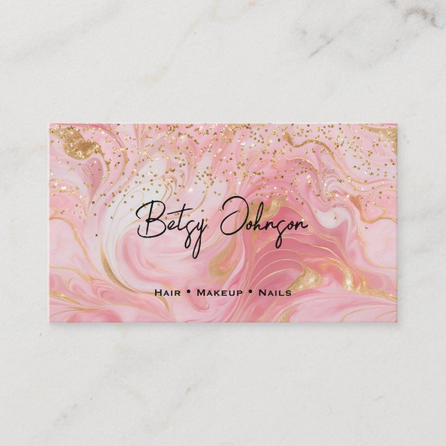 Pink, White and Gold Glitter Marbled Business Card (Front)