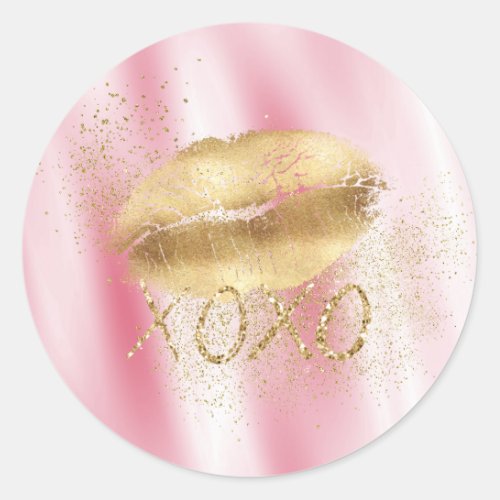 Pink White and Gold Lips Kiss Gold Glitter XOXO Classic Round Sticker