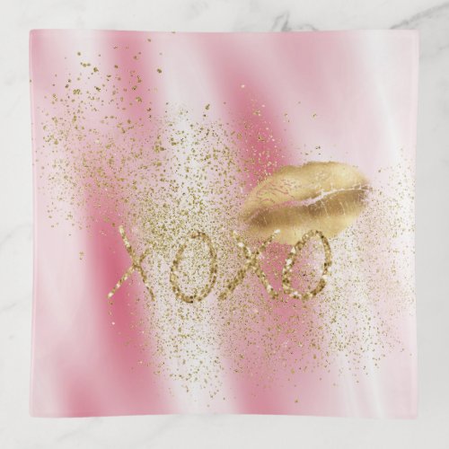 Pink White and Gold Lips Kiss Gold Glitter XOXO Trinket Tray