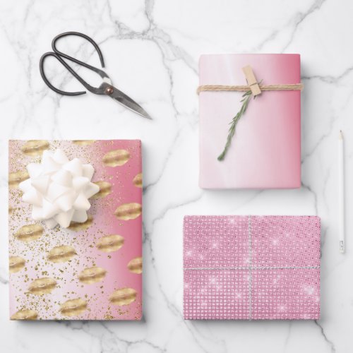 Pink White and Gold Lips Kiss Gold Glitter XOXO Wrapping Paper Sheets