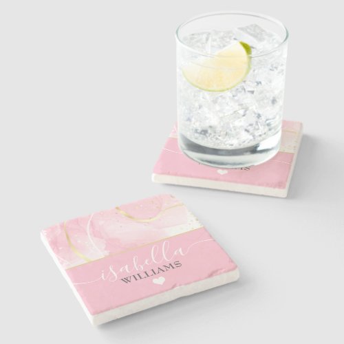 Pink White and Gold Marble Geode Ombre Monogrammed Stone Coaster