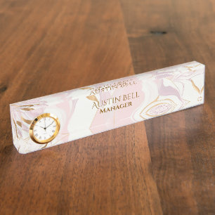 Pink White and Gold Marble Personalized Desk Name Plate