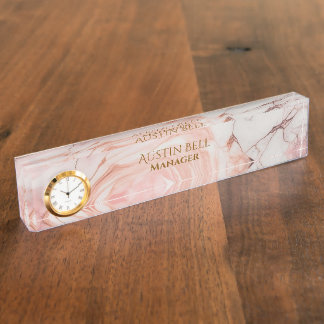 Pink White and Gold Marble Personalized  Desk Name Plate
