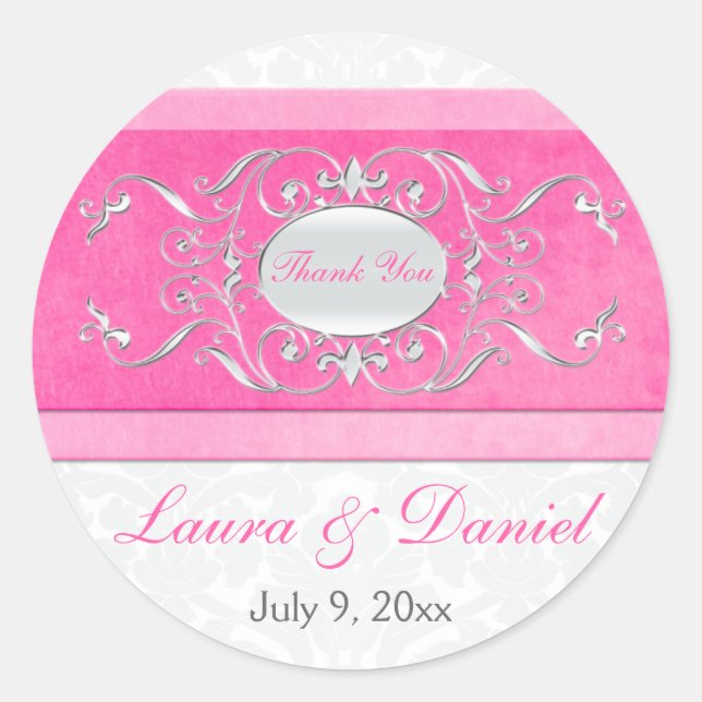 Pink, White, and Gray 1.5" Round Wedding Sticker (Front)