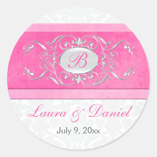 Pink, White, and Gray 1.5" Round Wedding Sticker (Front)