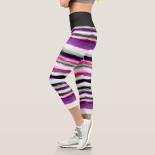 Pink, White and Gray Abstract Stripes Capri Leggings