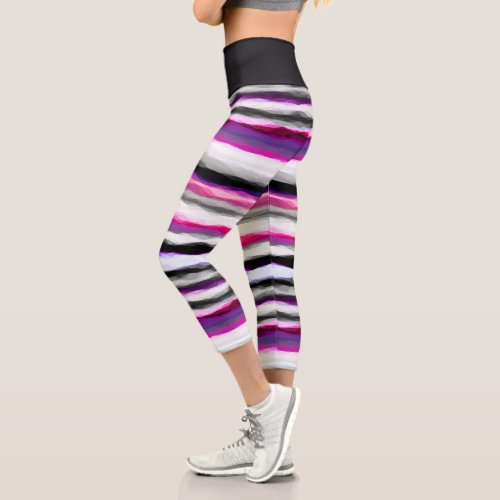 Pink White and Gray Abstract Stripes Capri Leggings