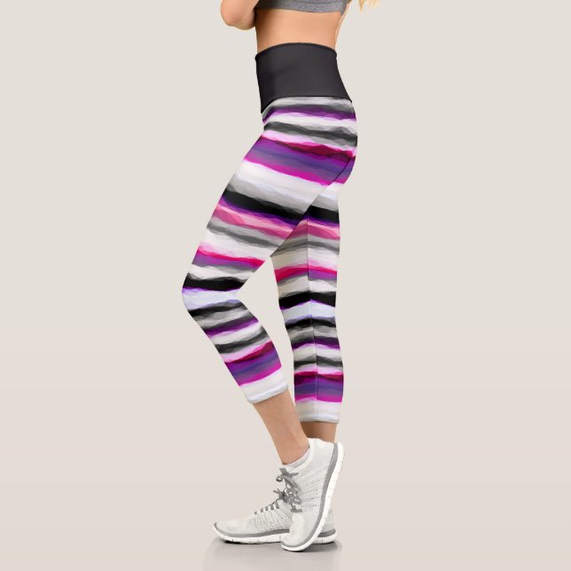 Pink, White and Gray Abstract Stripes Capri Leggings (Left)