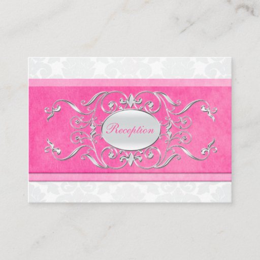 Customizable Pink, White, and Gray Damask Enclosure Card Business Card Templates