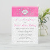 Pink, White, and Gray Damask Monogram Invite (Standing Front)