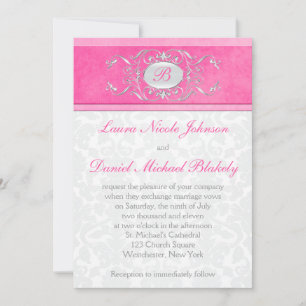 Pink, White, and Gray Damask Monogram Invite