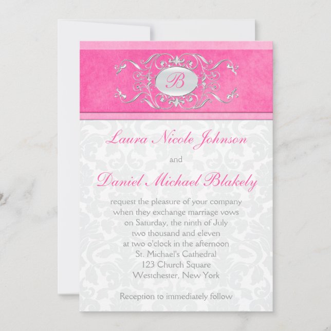 Pink, White, and Gray Damask Monogram Invite (Front)