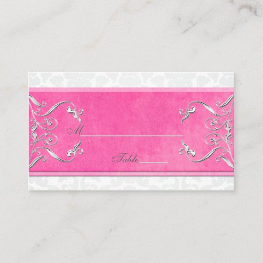 Customizable Pink, White, and Gray Damask Placecards Business Cards