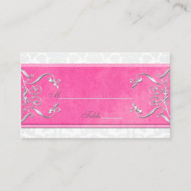 Pink, White, and Gray Damask Placecards (Front)