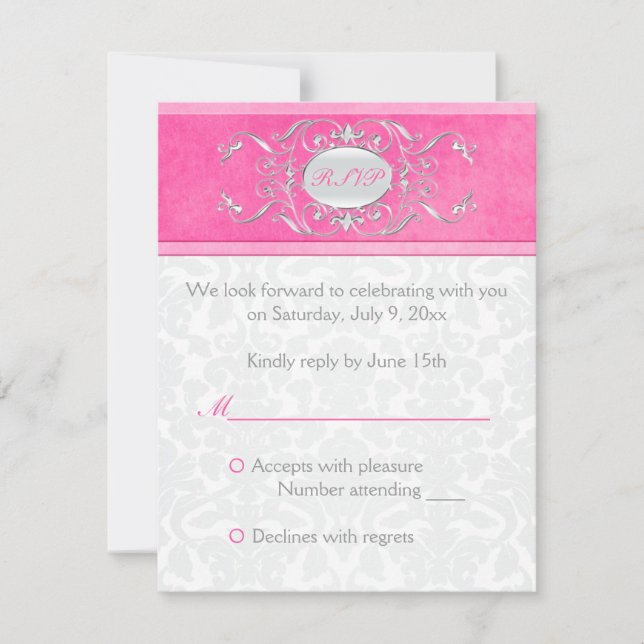 Pink, White, and Gray Damask Reply Card (Front)