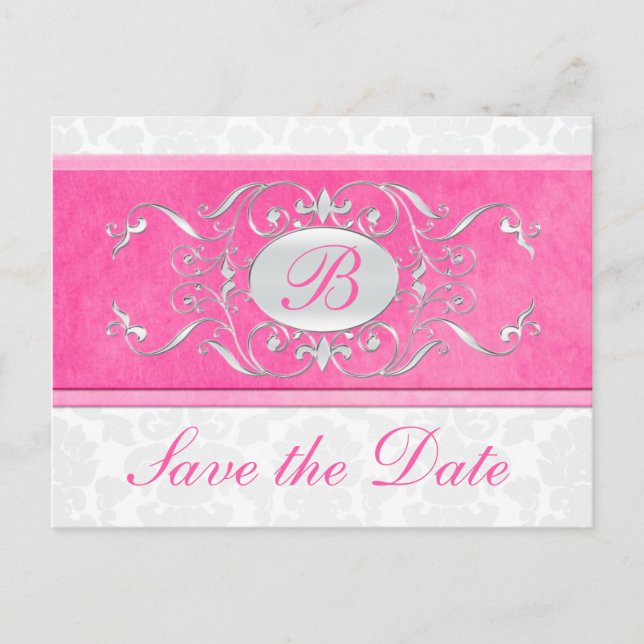 Pink, White, and Gray Damask Save the Date Announcement Postcard (Front)