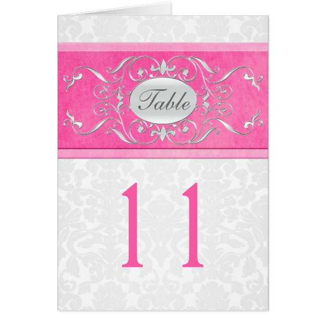 Pink, White, and Gray Damask Table Number Card (Front)