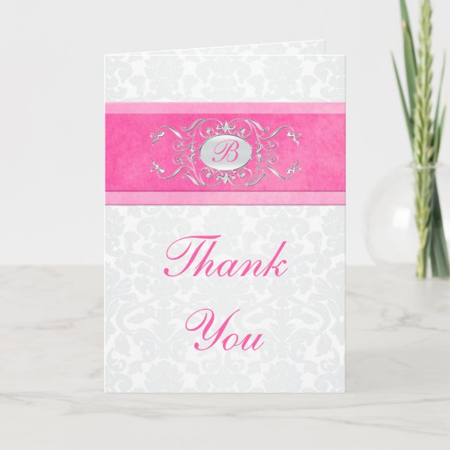 Pink, White, and Gray Damask Thank You Card (Front)