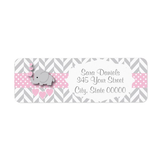 Pink, White and Gray Elephant Baby Shower Label (Front)
