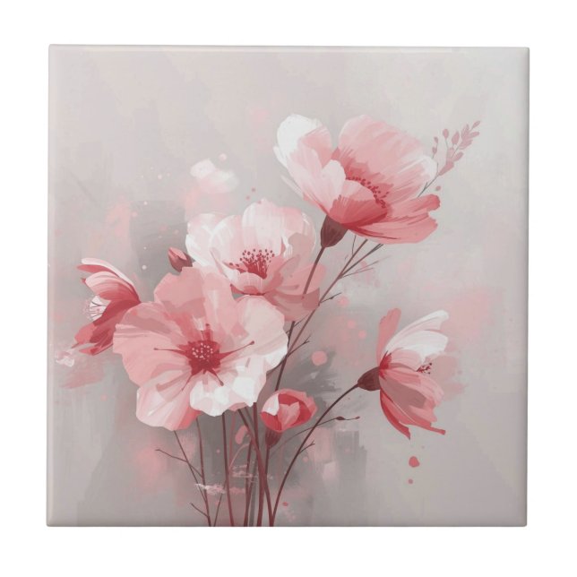 Pink, White, and Gray Florals Ceramic Tile (Front)