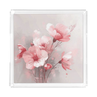Pink, White, and Gray Foral Acrylic Tray