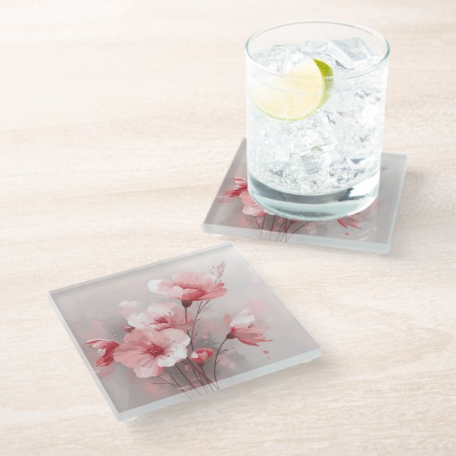 Pink, White, and Gray Foral Glass Coaster (Angled)