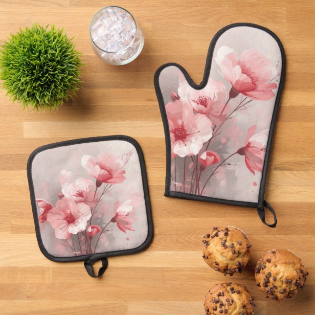 Pink, White, and Gray Foral Oven Mitt & Pot Holder Set (Top Down)