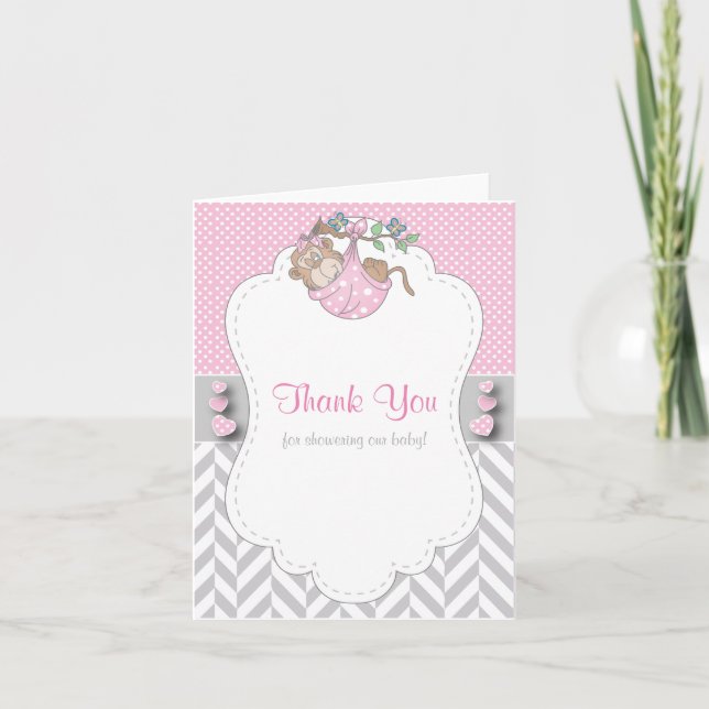 Pink, White and Gray Monkey Baby Shower Thank You Card (Front)