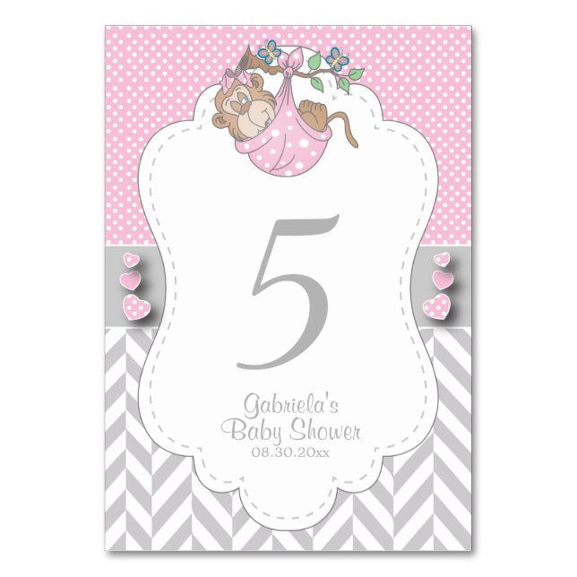 Pink, White and Gray Monkey - Table Numbers (Front)