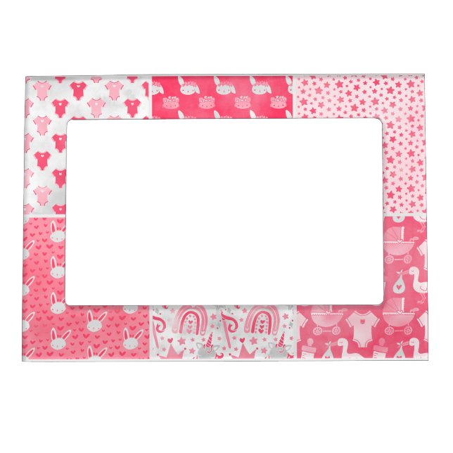 Pink, White, and Gray Patchwork Baby Magnetic Frame (Front)